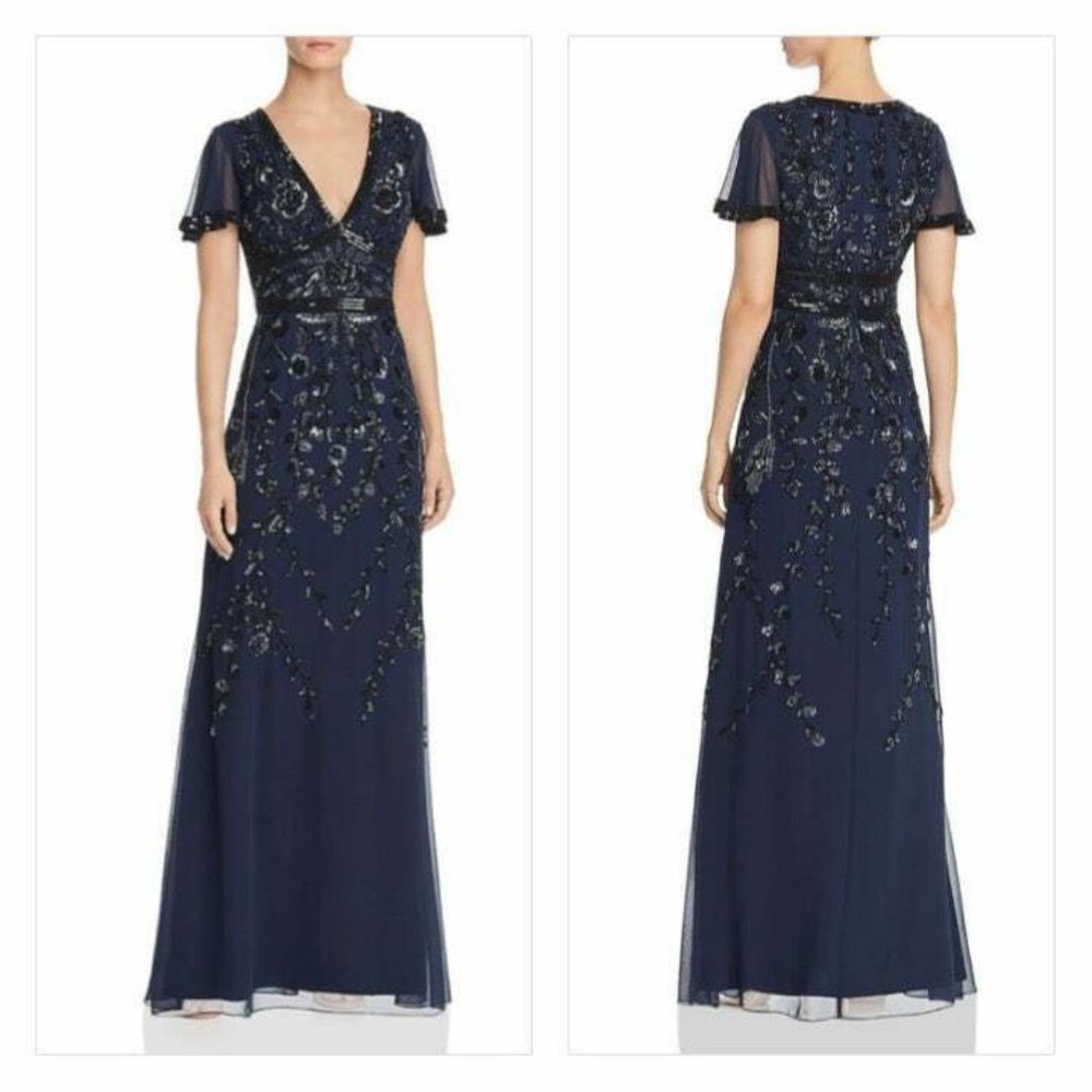 Aidan Mattox Womens Floral Beaded Long Gown Navy Blue Various Sizes New $495 - Picture 1 of 4